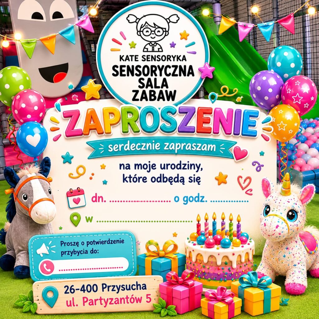 Zaproszenie na urodziny w Sensoryczna Sala Zabaw Kate Sensoryka Przysucha